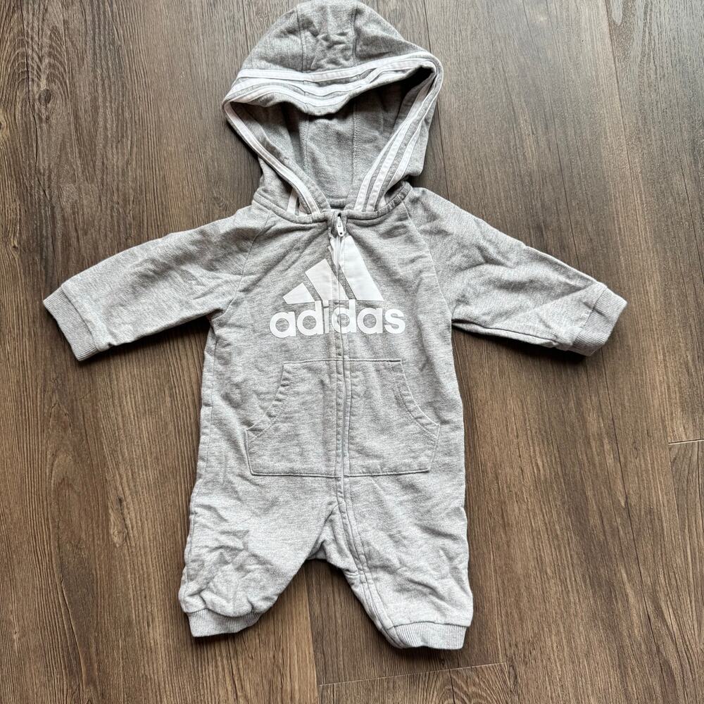 Adidas Infant Hooded Romper 3 Months Gray White Stripe Zip Coverall Jumpsuit